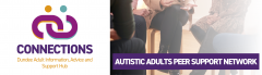 Image is of a group of meeting together and talking, Text reads 'Connections, Dundee Adult Information, Advice and Support Hub, Autistic Adults Peer Support Network' 