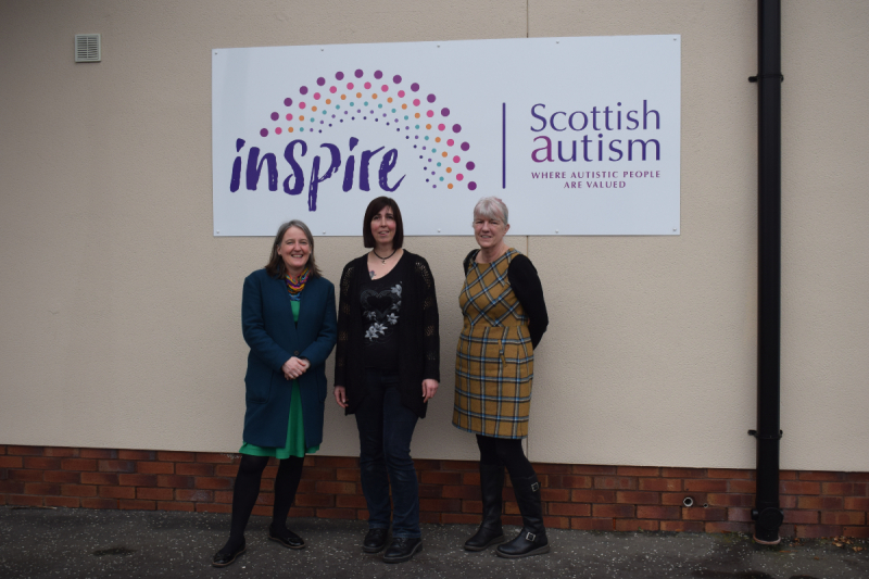 Image is of some of the Scottish Autism team with Maree Todd, Minister for Social Care, Mental Wellbeing and Sport, standing outside the Inspire service in Alloa