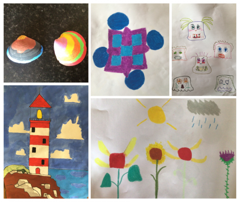 A collage of artworks featuring painted shells, abstract shapes, cartoon faces, a lighthouse by the sea, and colorful flowers under sun and rain.