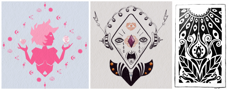 Artworks drawn of geometric shapes and a character drawing with diamonds and tears in monochrome