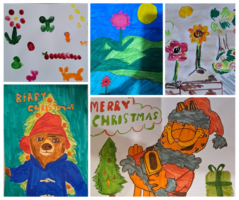 A collage of artworks featuring Paddington Bear, Garfield, landscape images with flowers and trees, finger painting