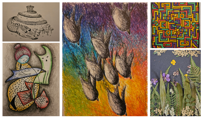 Collage of five artworks, including an ink drawing of a dragon with sheep and a temple, an abstract figure with fish and a cat, birds flying against a rainbow background, a colorful geometric maze, and a pressed flower and leaf design.